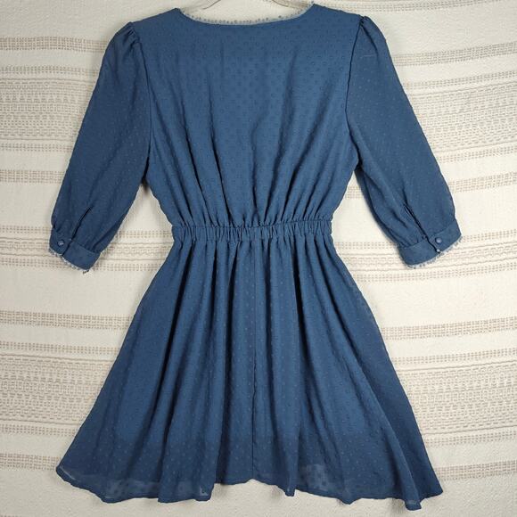 Blue Swiss Dot Mini Dress Lace Trim Wrap Style Elastic Waist Juniors XS Used - Picture 2 of 7